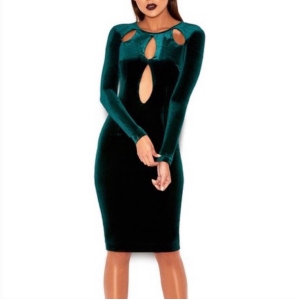 NWOT House of CB Women's Denara Green Velvet Dress Large Bodycon Cut Out Party - Picture 3 of 16
